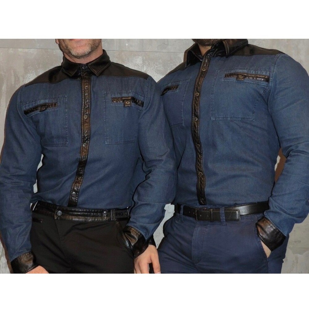Vintage Nasty Pig Denim/Pleather Accent Shirt Men's M Long Sleeve Snap Button